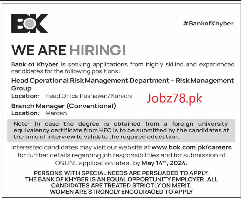 Bank of Khyber Jobs In Peshawar And Karachi May 2024