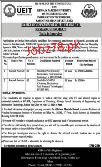 Khwaja Fareed University of Engineering And Information Technology Jobs May 2024